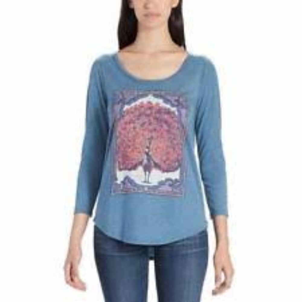 Lucky Brand Peacock Print Heathered 3/4 Tee T-Shirt Blue SZ Small